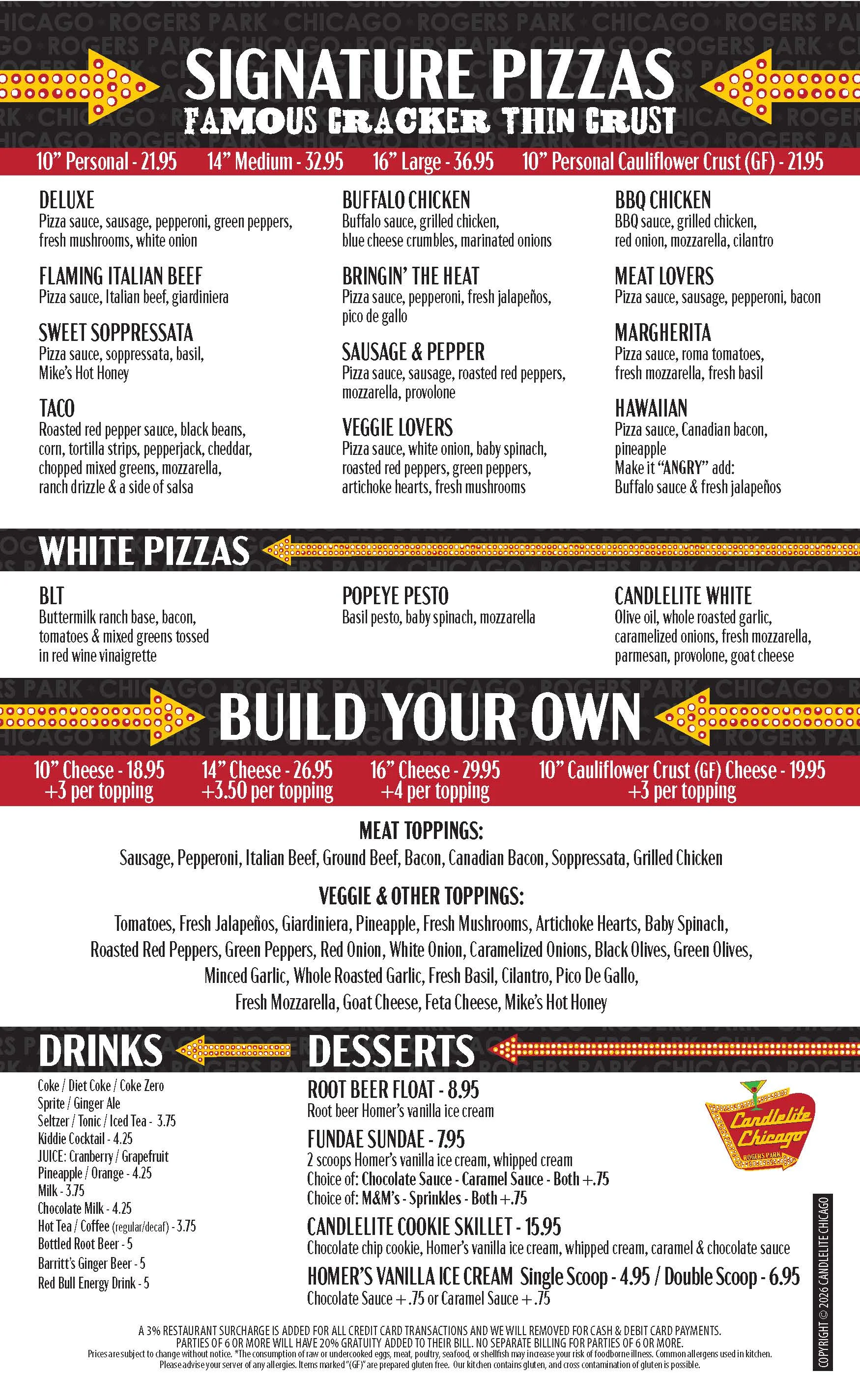 Chicago restaurant pizza menu featuring cracker-thin crust pizzas and desserts