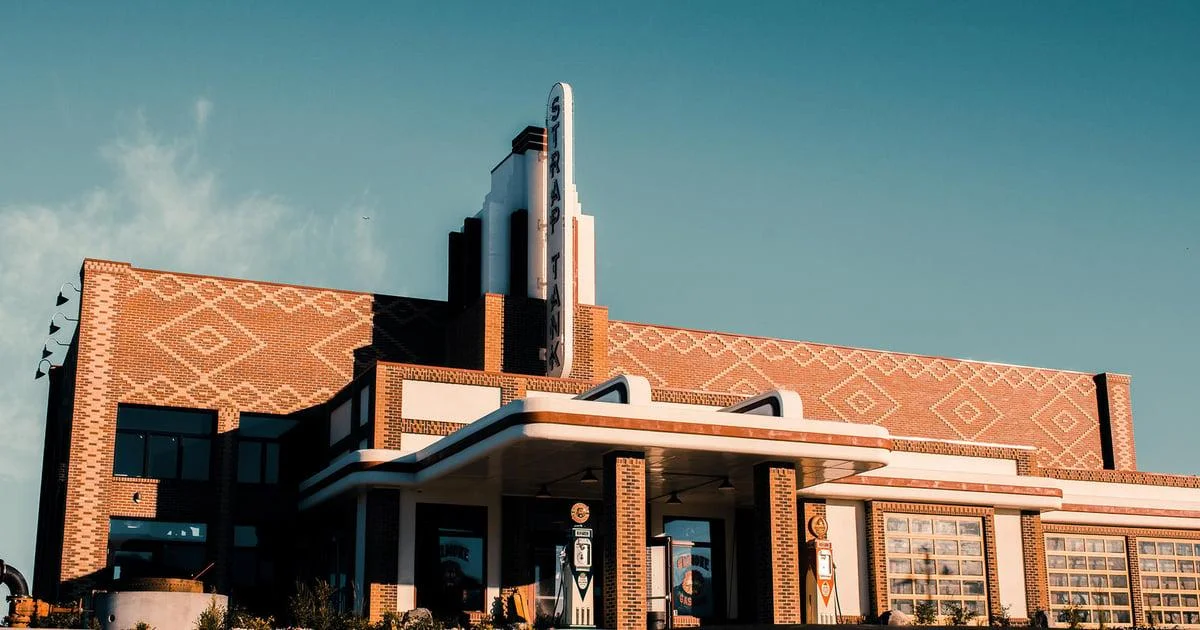 Art Deco style restaurant exterior with vintage signage