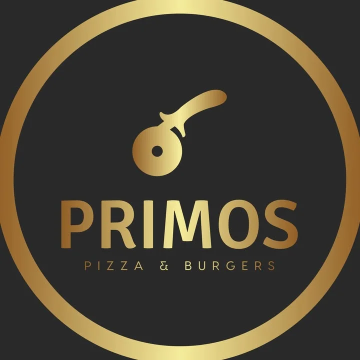A logo featuring the name 'PRIMOS' in gold text, accompanied by a pizza cutter graphic within a circular gold border.