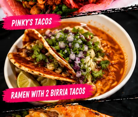 Colorful menu featuring tacos and ramen dishes from a vibrant restaurant