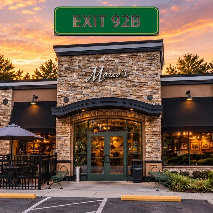 Marco's Italian Restaurant Bar & Grill exterior at sunset near I-95 Exit 92B, Ashland, VA