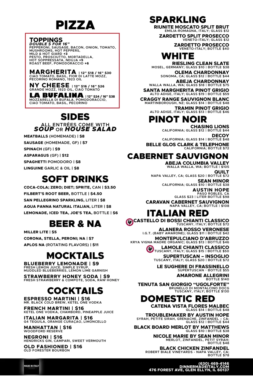 Wine menu featuring a variety of selections and descriptions.