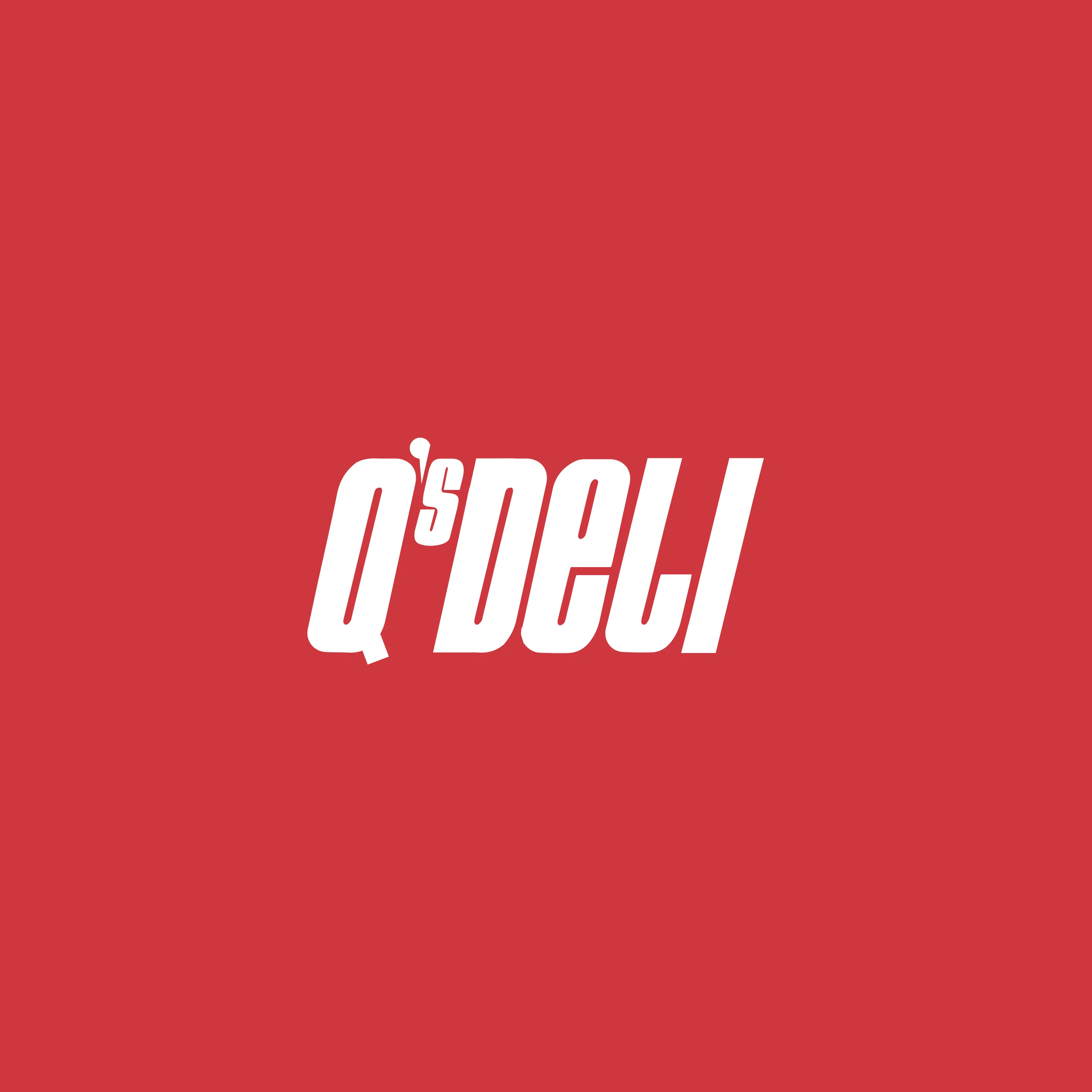 Logo of Q's Deli on a vibrant red background