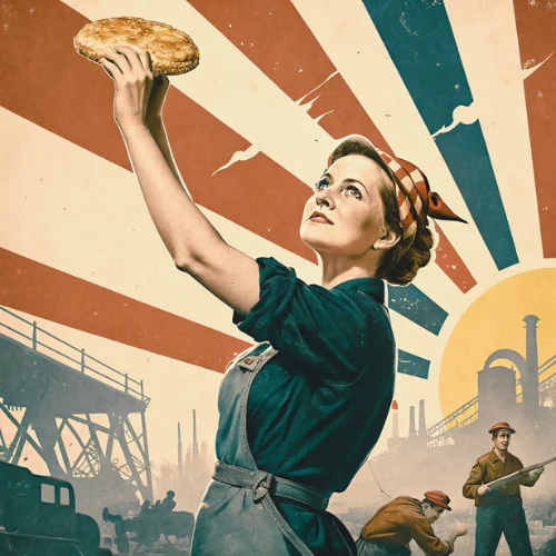 Vintage poster of a woman holding a pie with industrial backdrop