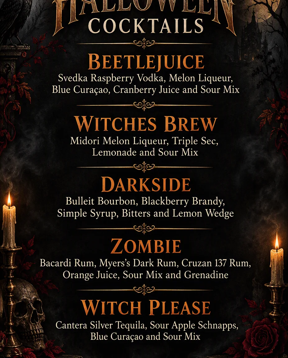 Summer drink menu from Chiefland Billiards featuring various cocktails and shots.