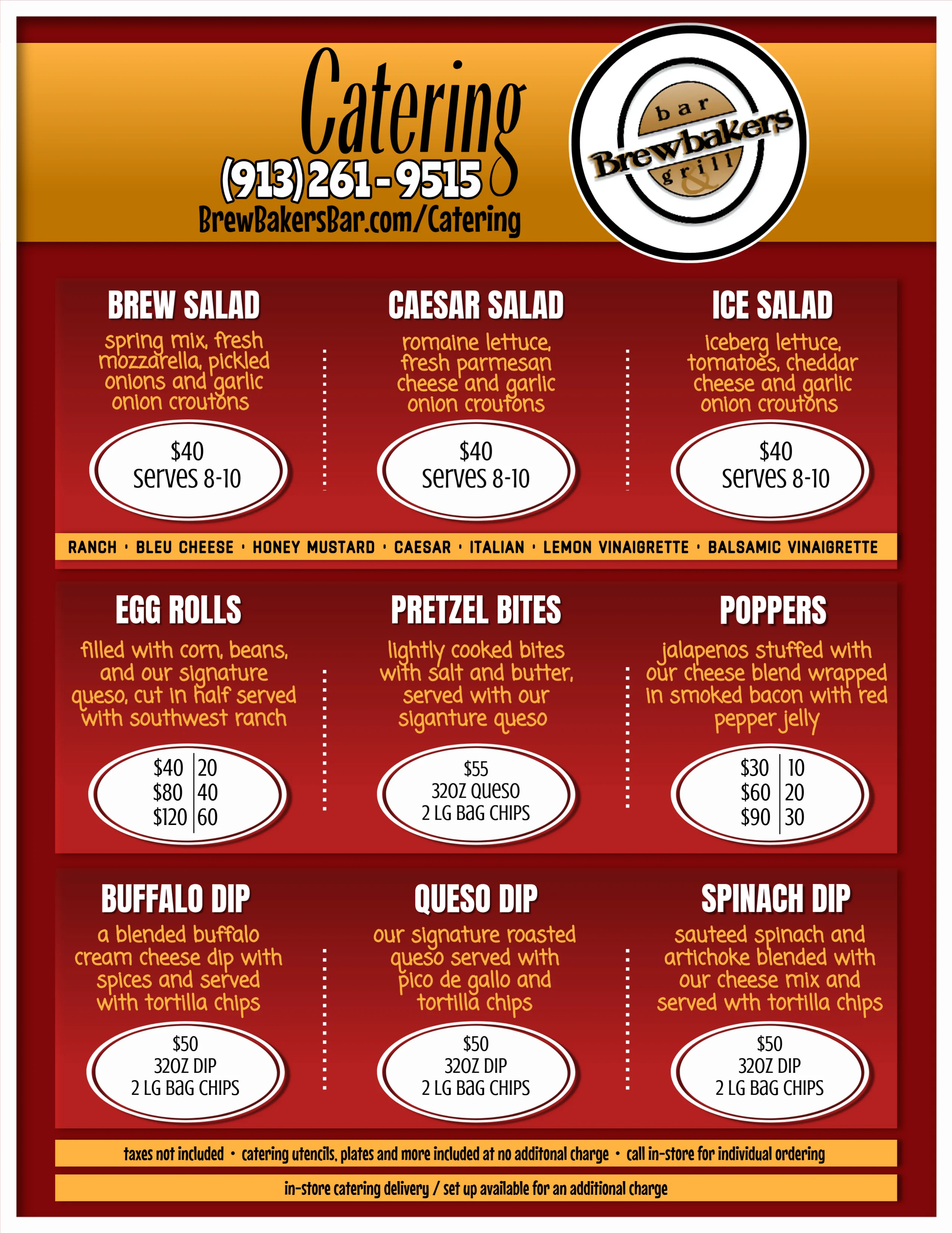 Catering menu featuring salads and appetizers from Brew Bakers Bar