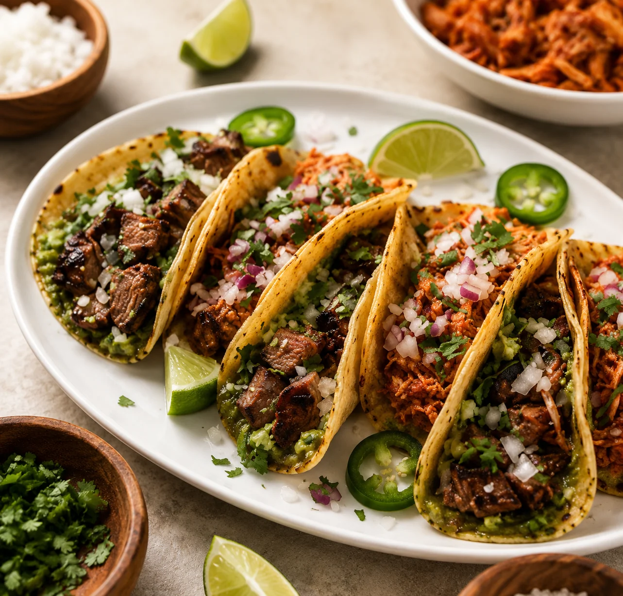 Four tacos with various fillings, garnished with lime and cilantro.
