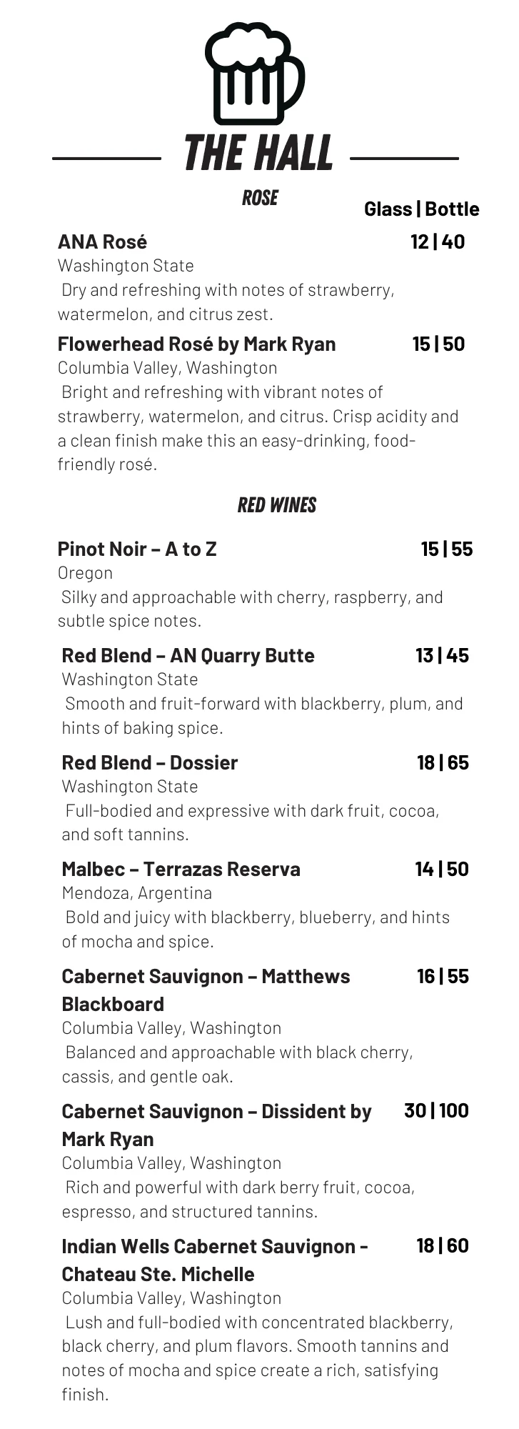 Wine menu featuring rosé and red wines from various regions