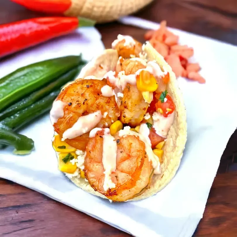 Shrimp tacos with fresh toppings and creamy sauce