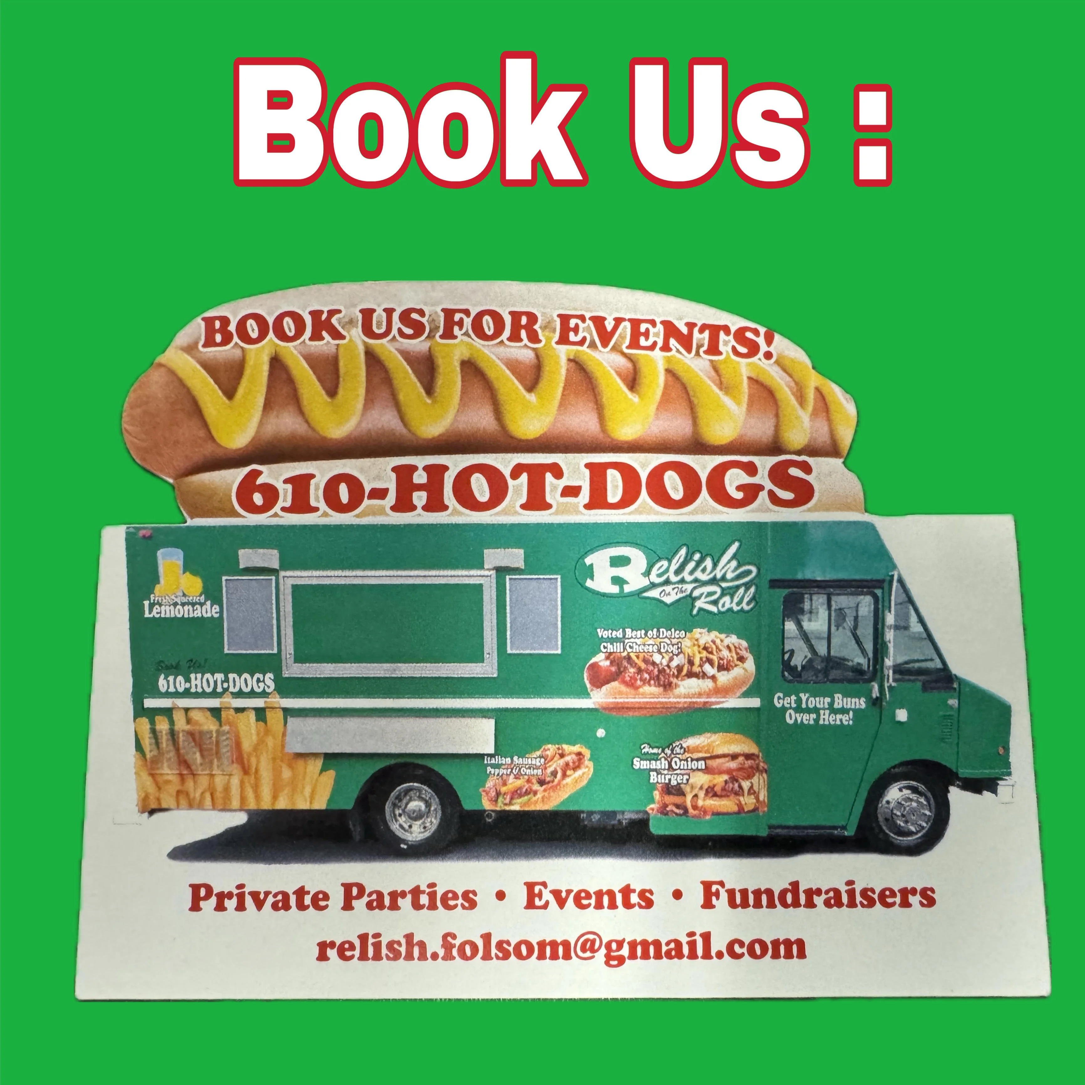 Food truck advertisement for hot dogs and event catering services
