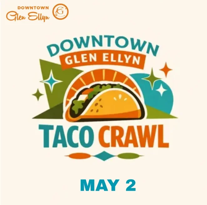 Colorful taco crawl promotional poster featuring various taco dishes.