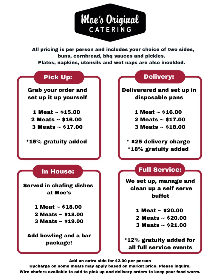 Catering menu with pricing options for pick up, delivery, in-house, and full service.