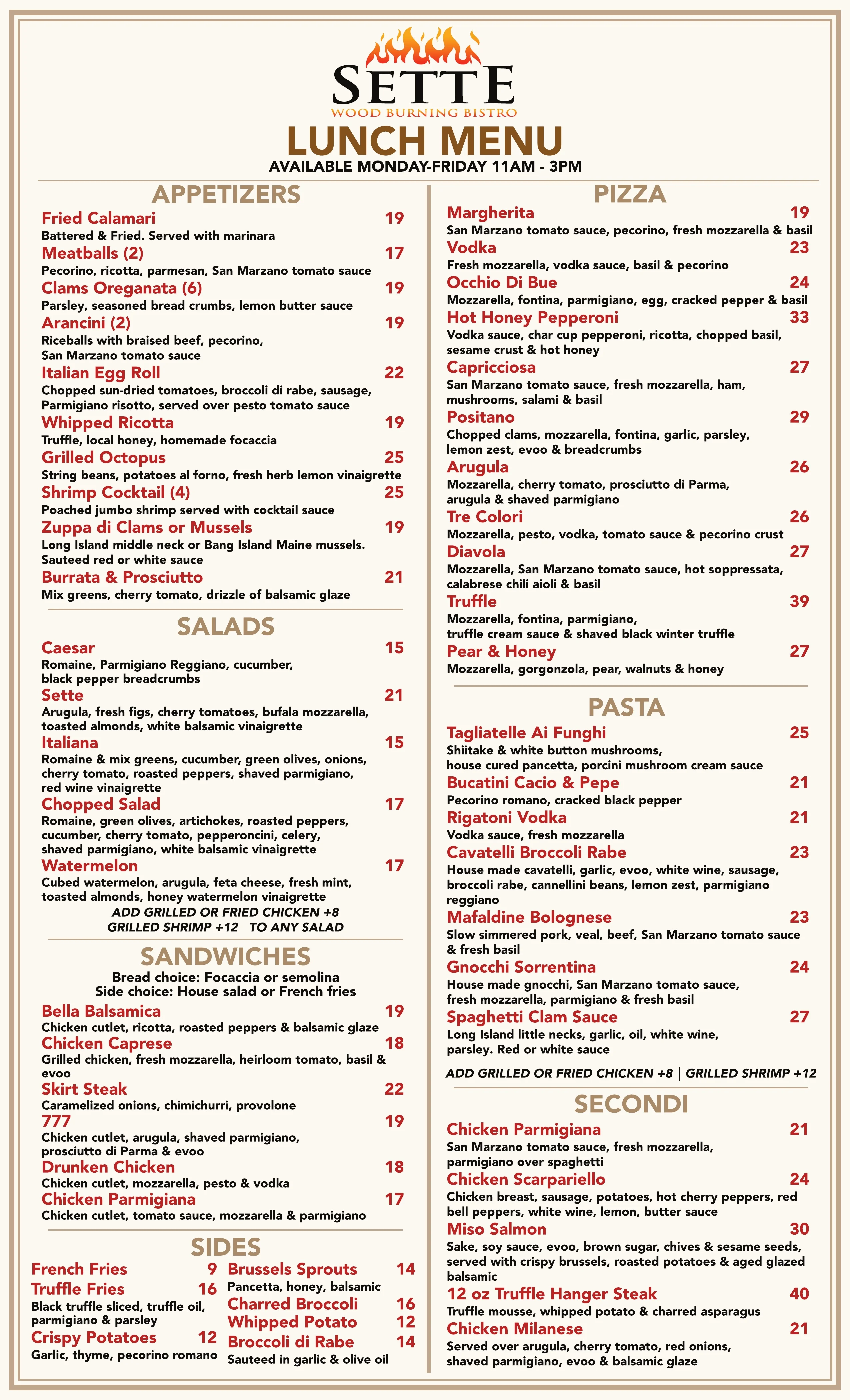 Italian lunch menu featuring a variety of dishes and pizzas