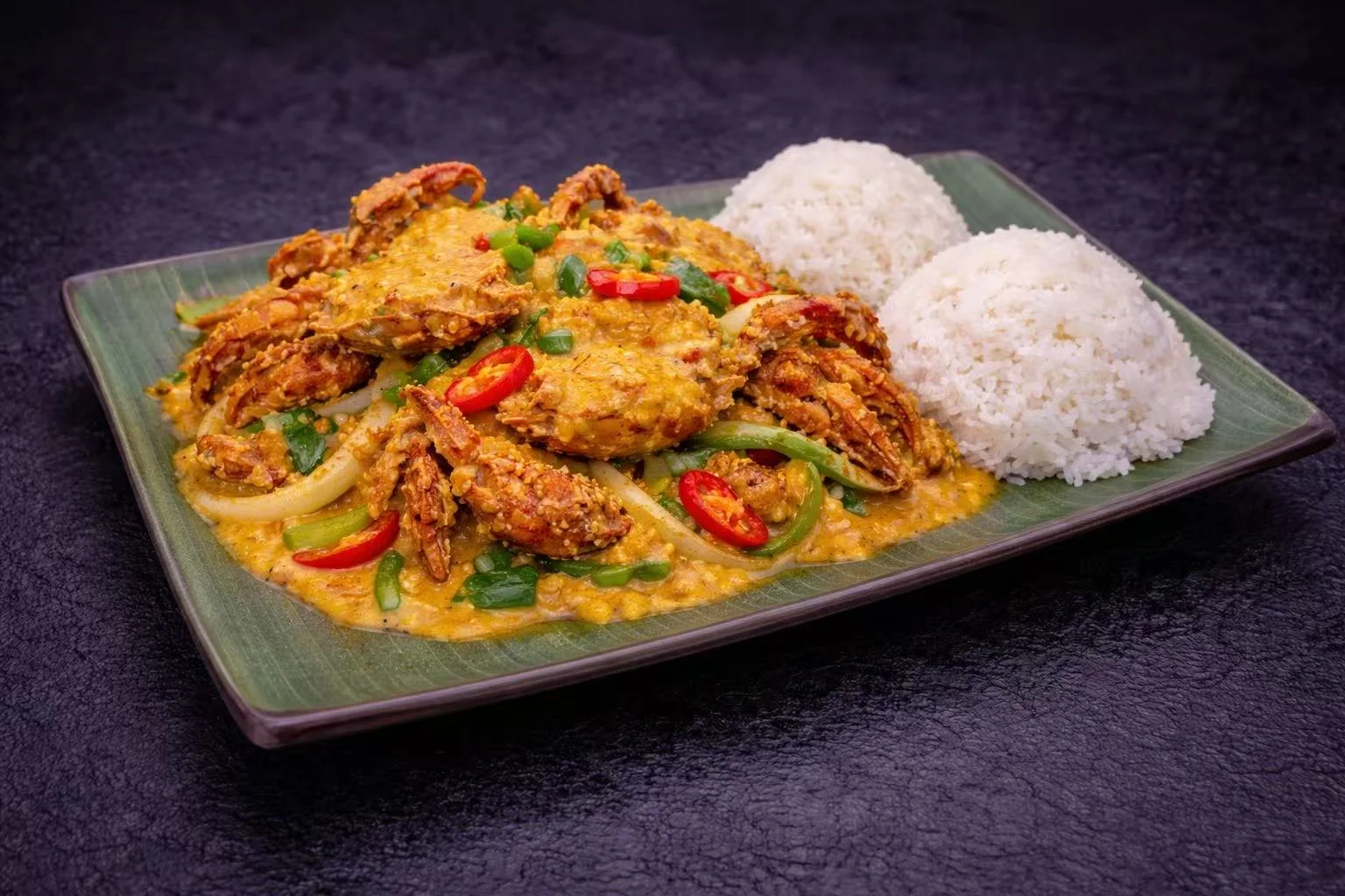 Indonesian chili crab served with rice