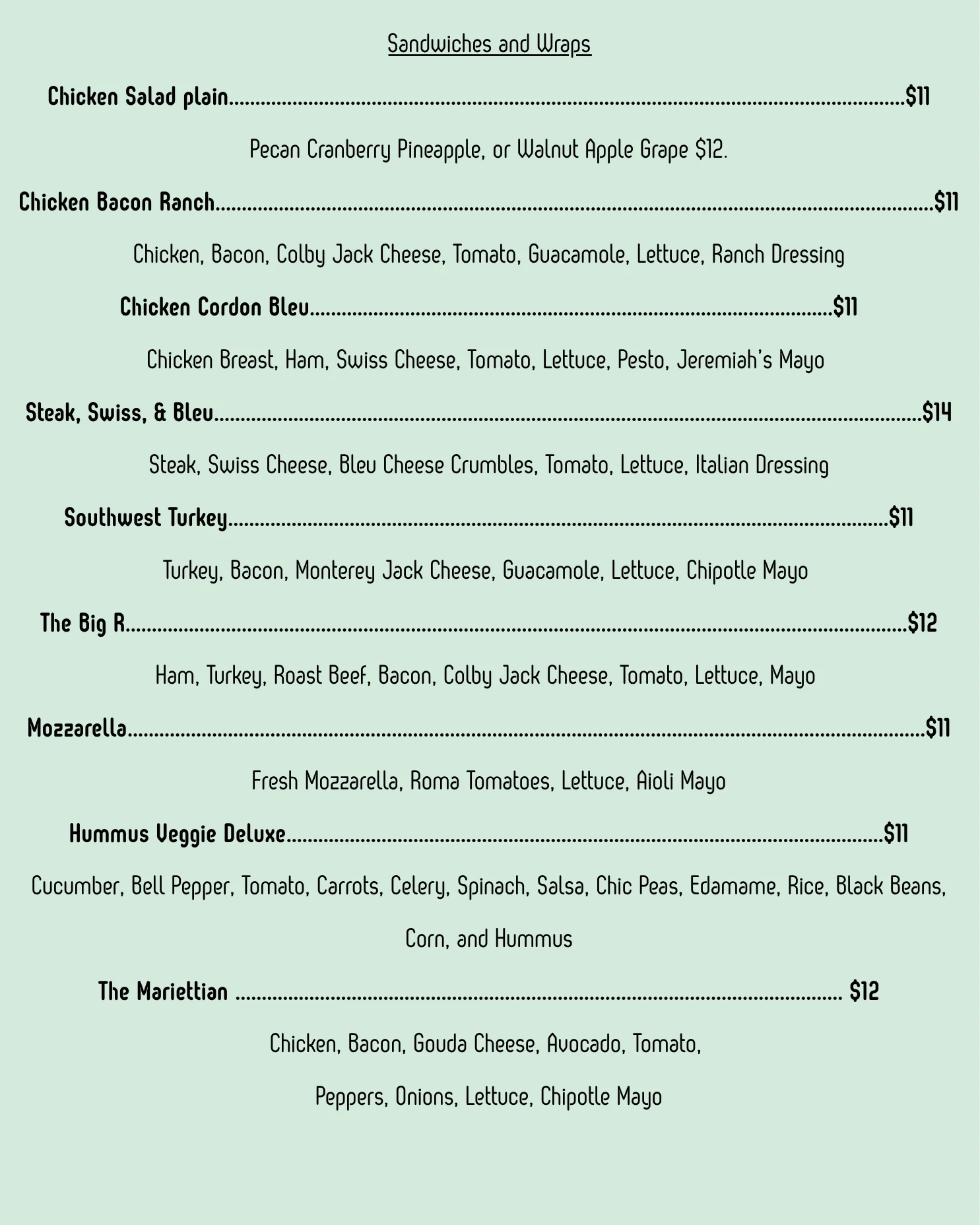 Coffee and espresso drink menu with prices