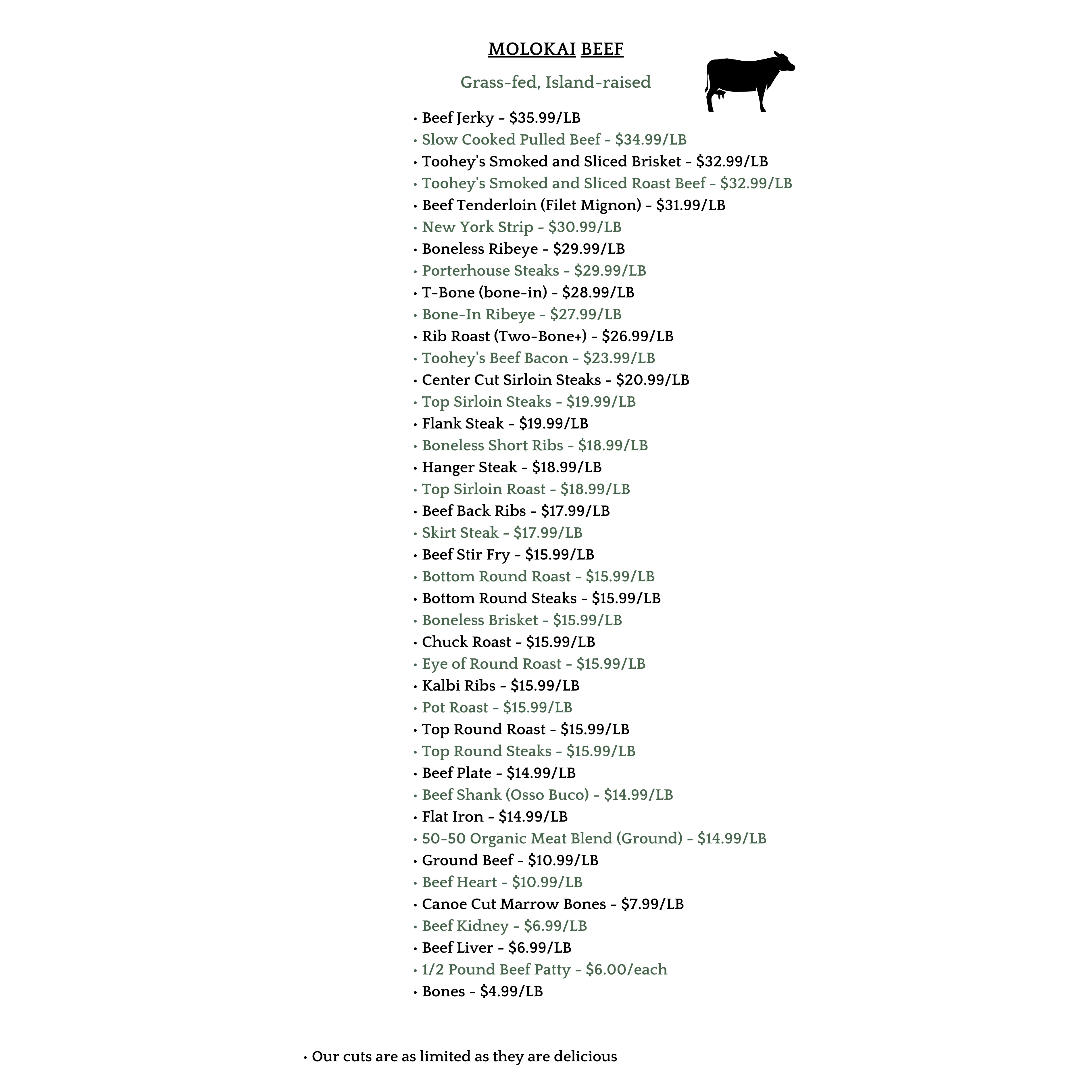 Selection of premium grass-fed beef cuts from Molokai