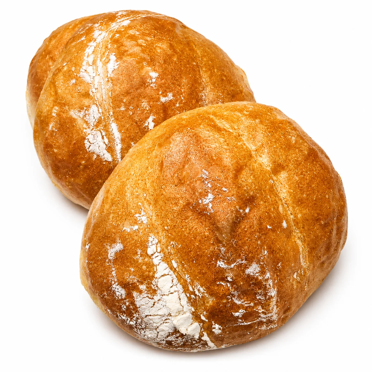 Two freshly baked round bread rolls with a golden crust.
