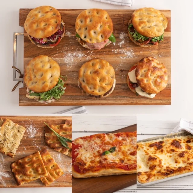 Italian focaccia sandwiches and lasagna on a wooden board
