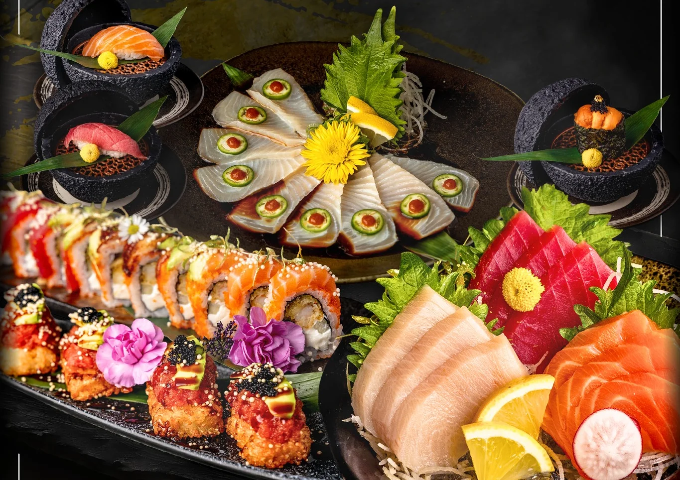 Sushi platter featuring assorted Japanese sushi and sashimi