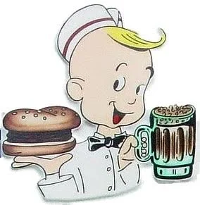 A cartoon character holding a hamburger in one hand and a mug of root beer in the other, wearing a classic diner outfit.
