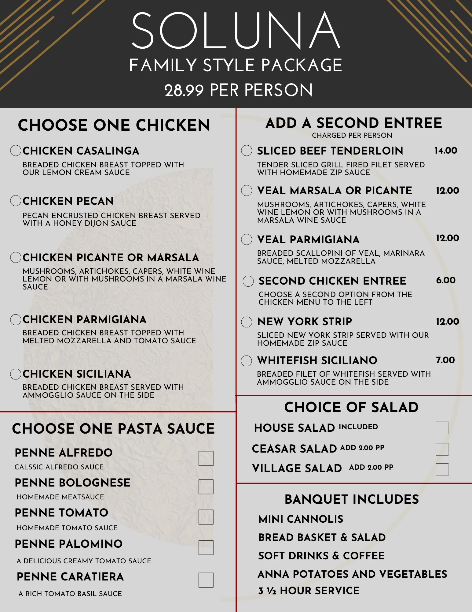 Family-style Italian menu featuring chicken entrees and pasta options