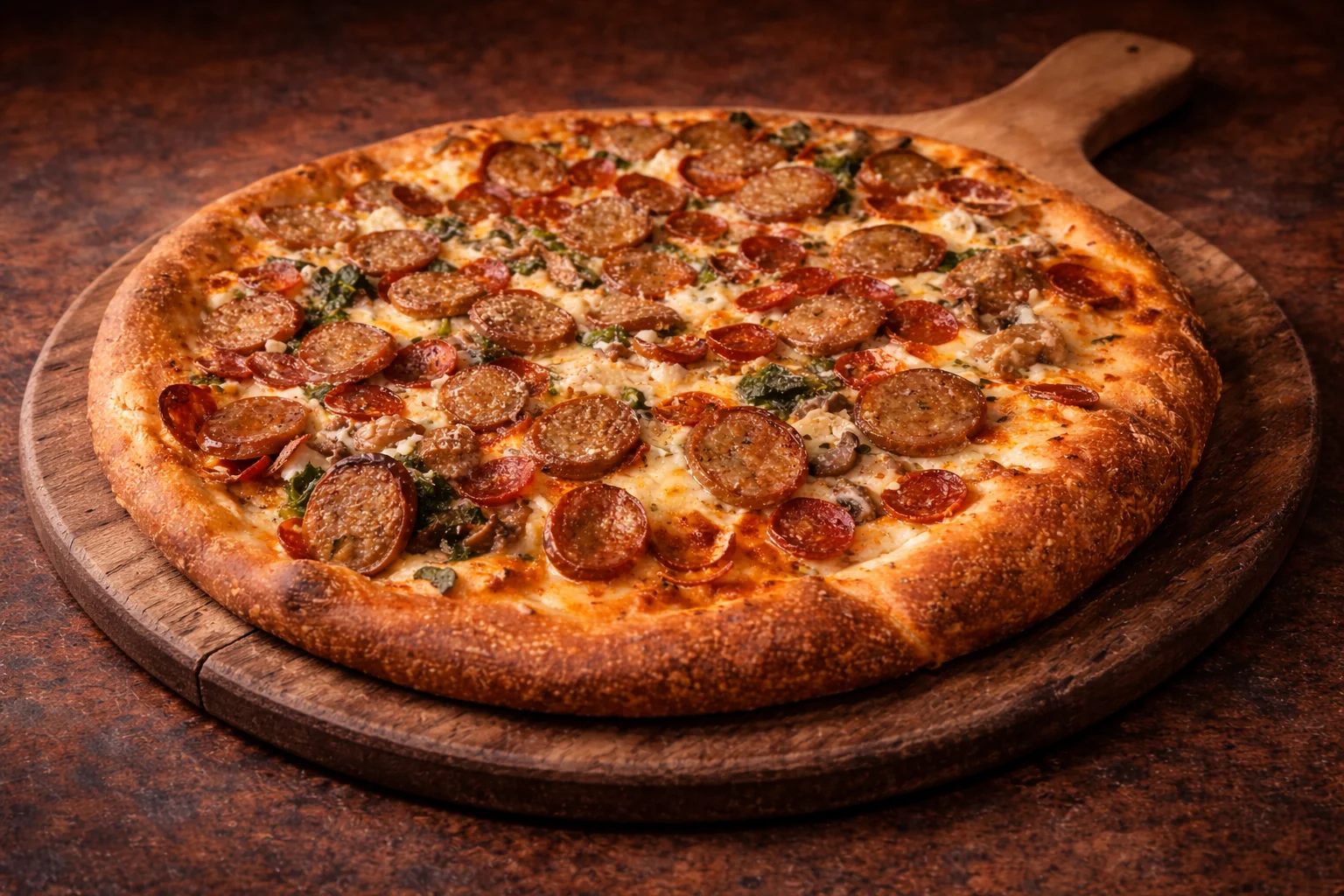 A pizza loaded with slices of pepperoni, sausage, and herbs on a crispy crust.