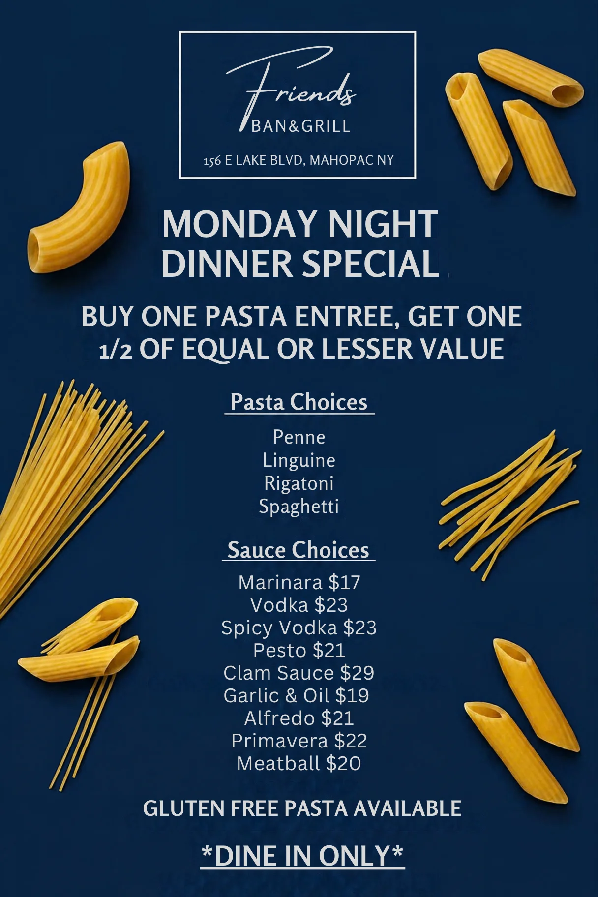 Restaurant pasta dinner special promotional flyer with assorted pasta shapes