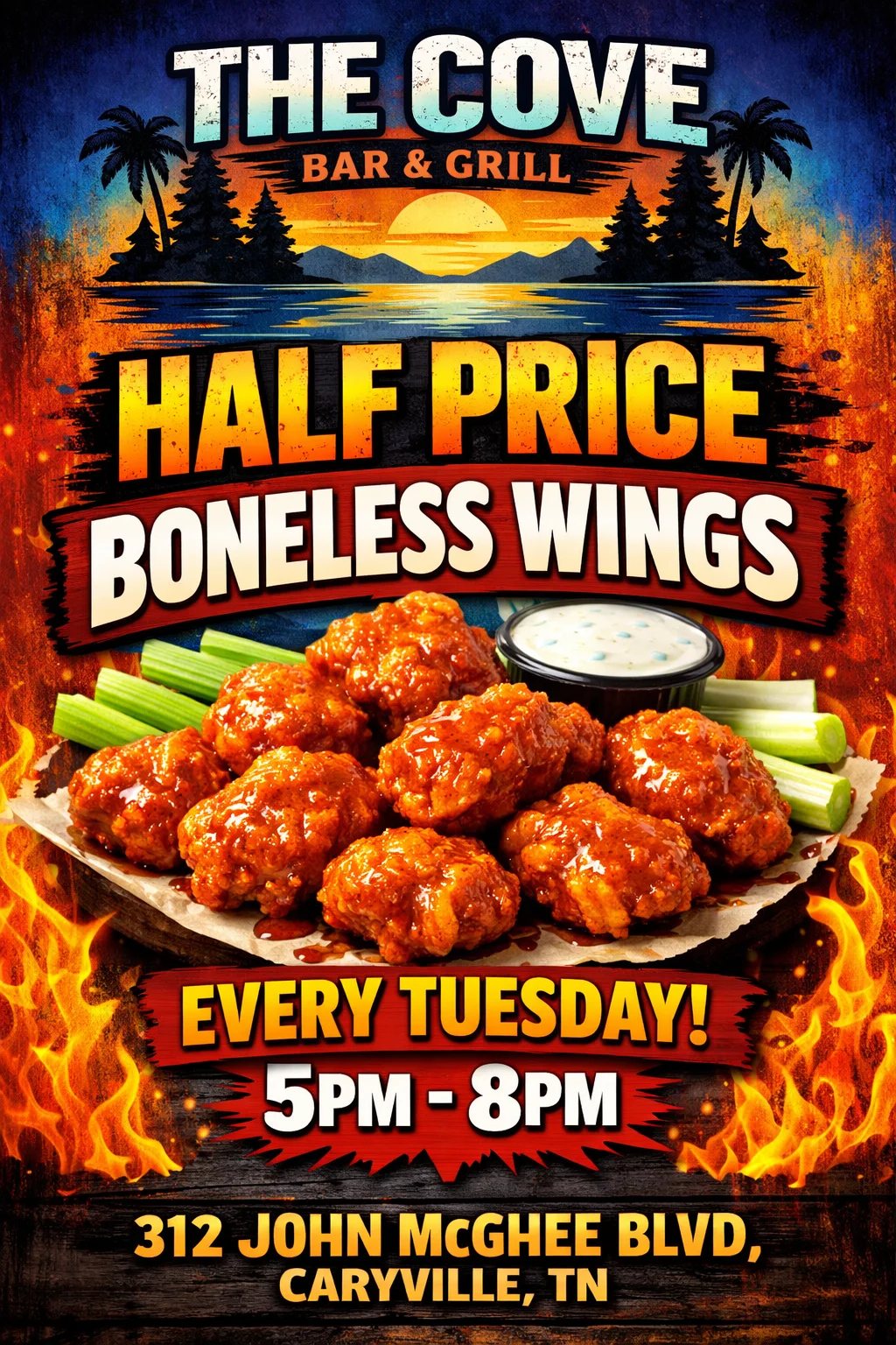 Half-price boneless wings served with celery and ranch dressing at a bar and grill