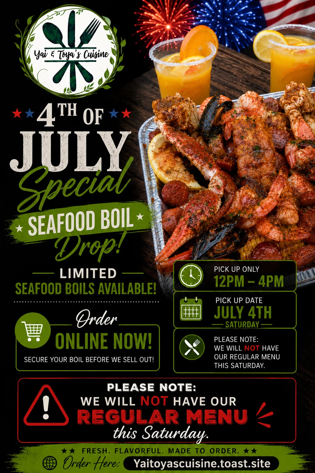 Mother's Day special menu with lobster tail, lamb chops, and shrimp.