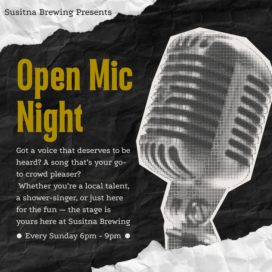 Open mic night event at Susitna Brewing with a vintage microphone