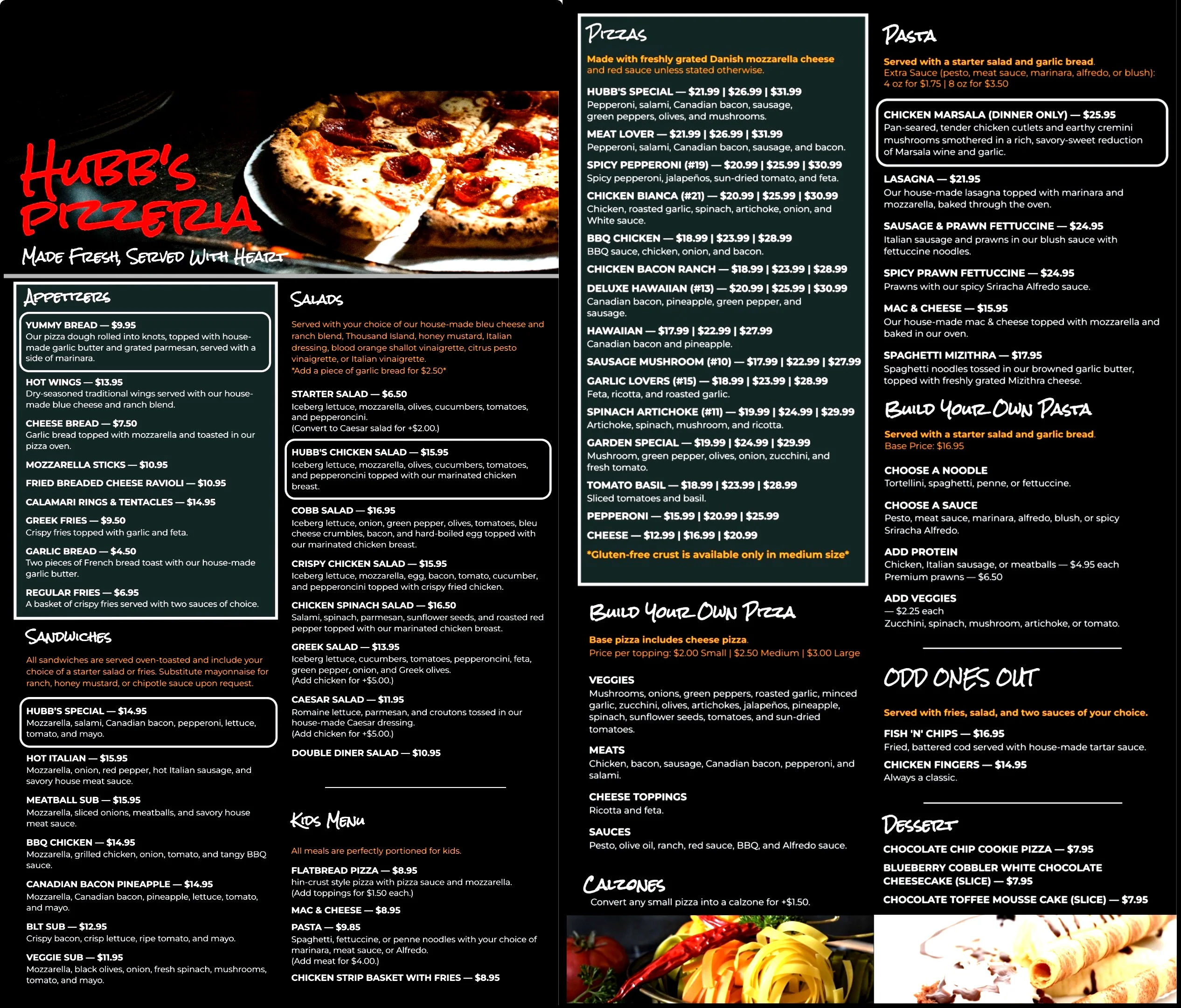 Menu featuring a variety of dishes and beverages at a restaurant.