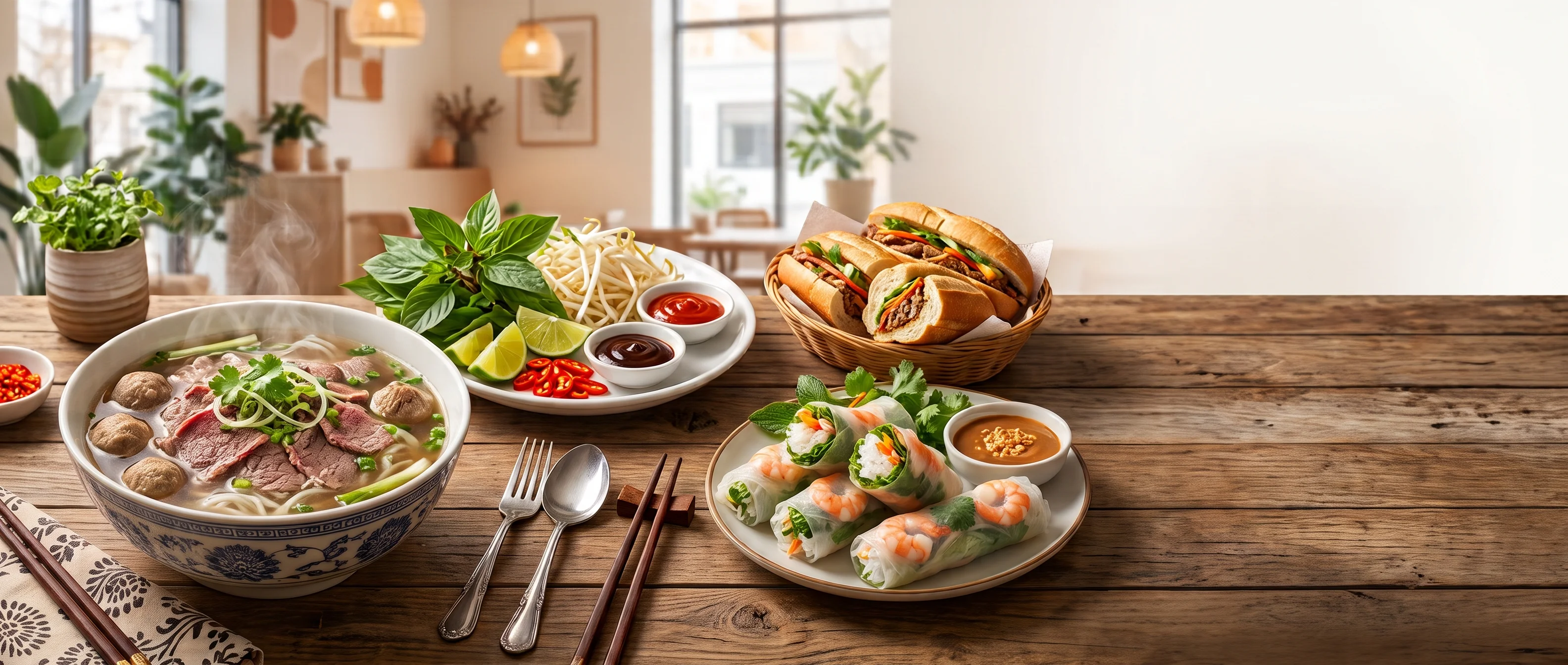 Delicious Vietnamese pho with fresh herbs and spring rolls