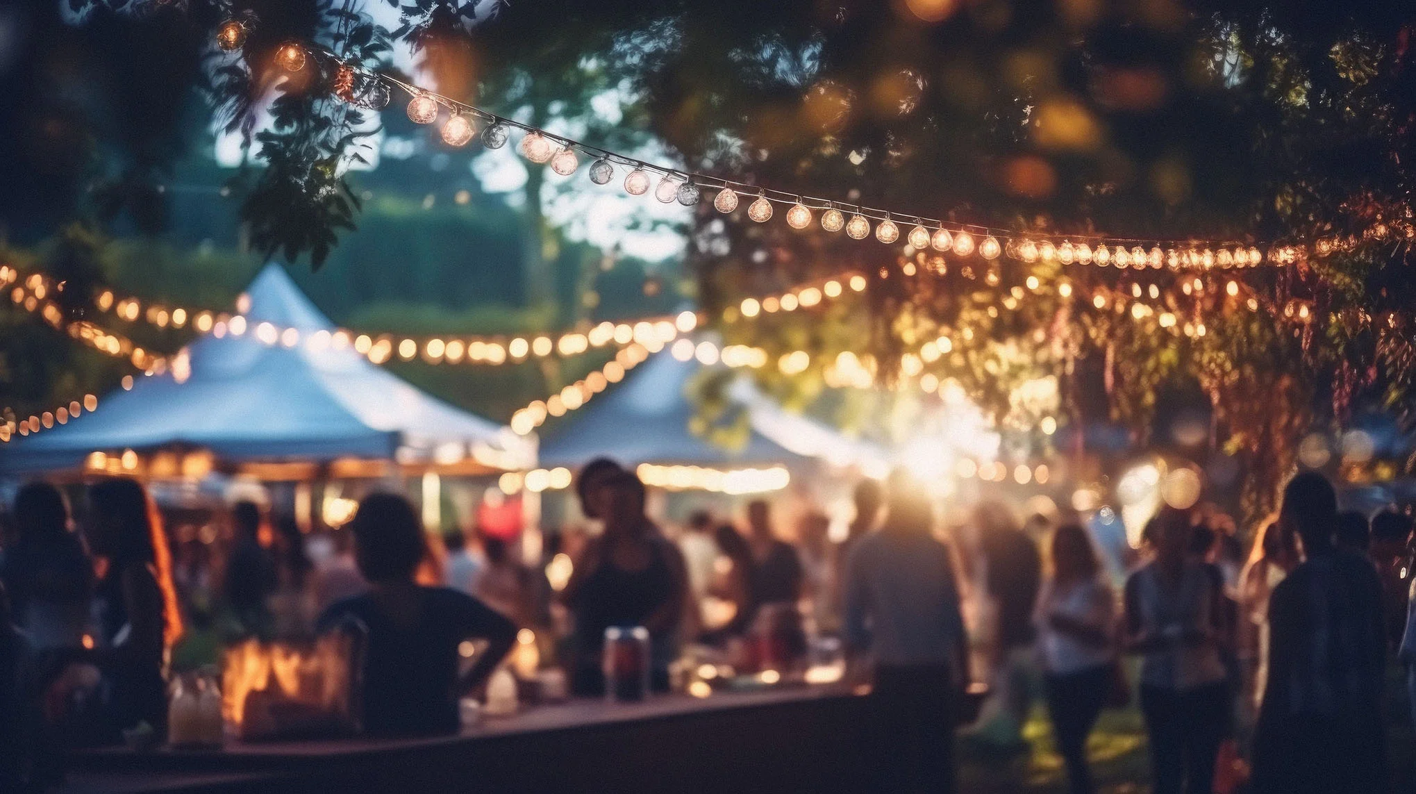 Outdoor evening festival with string lights and lively crowd