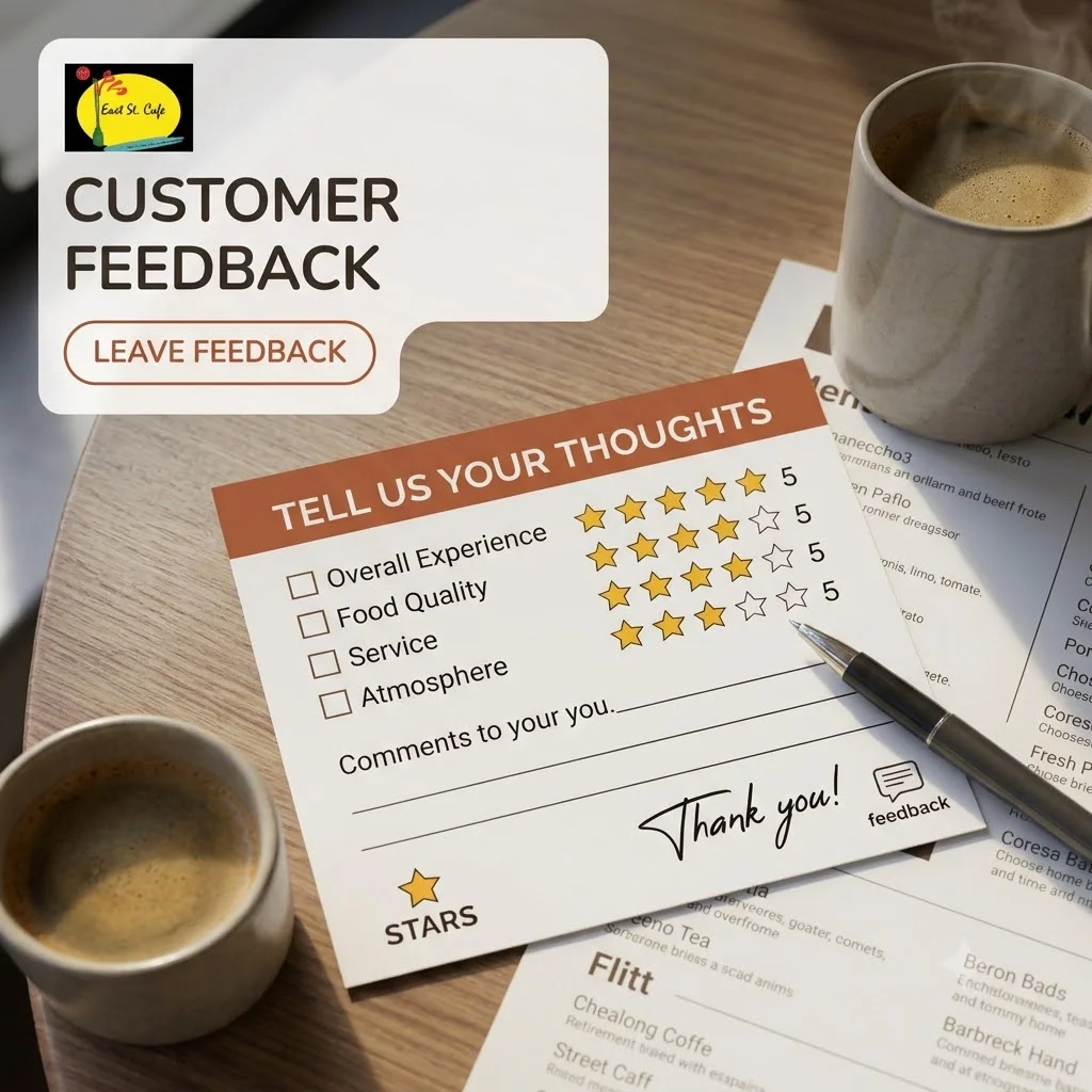 Customer feedback form on a cafe table with coffee