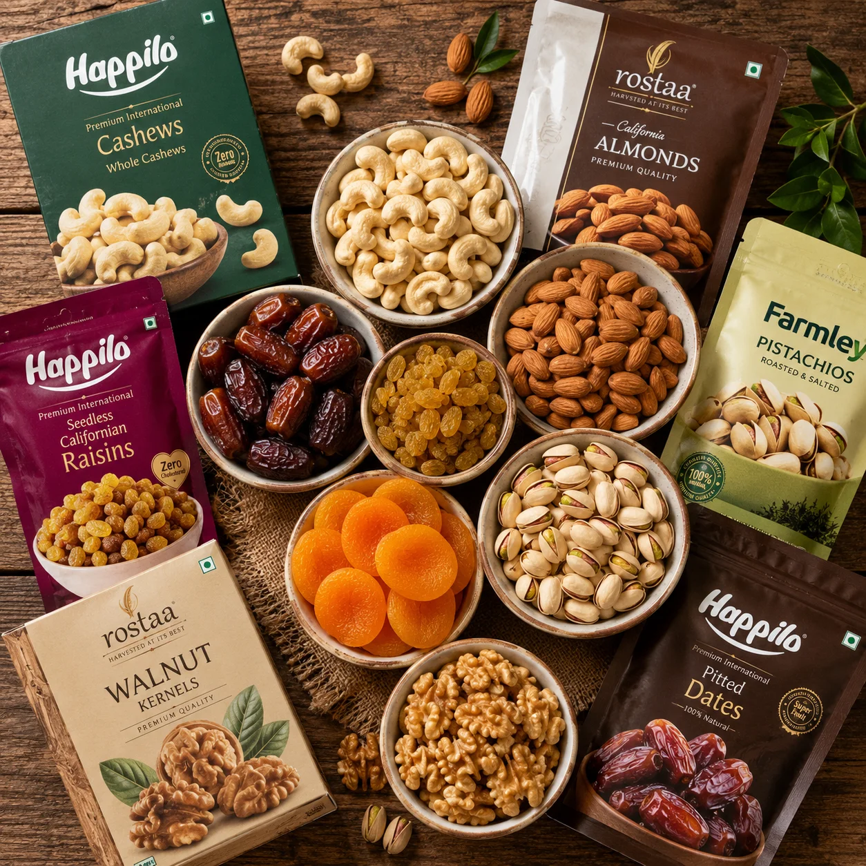 Assorted premium nuts and dried fruits in elegant bowls