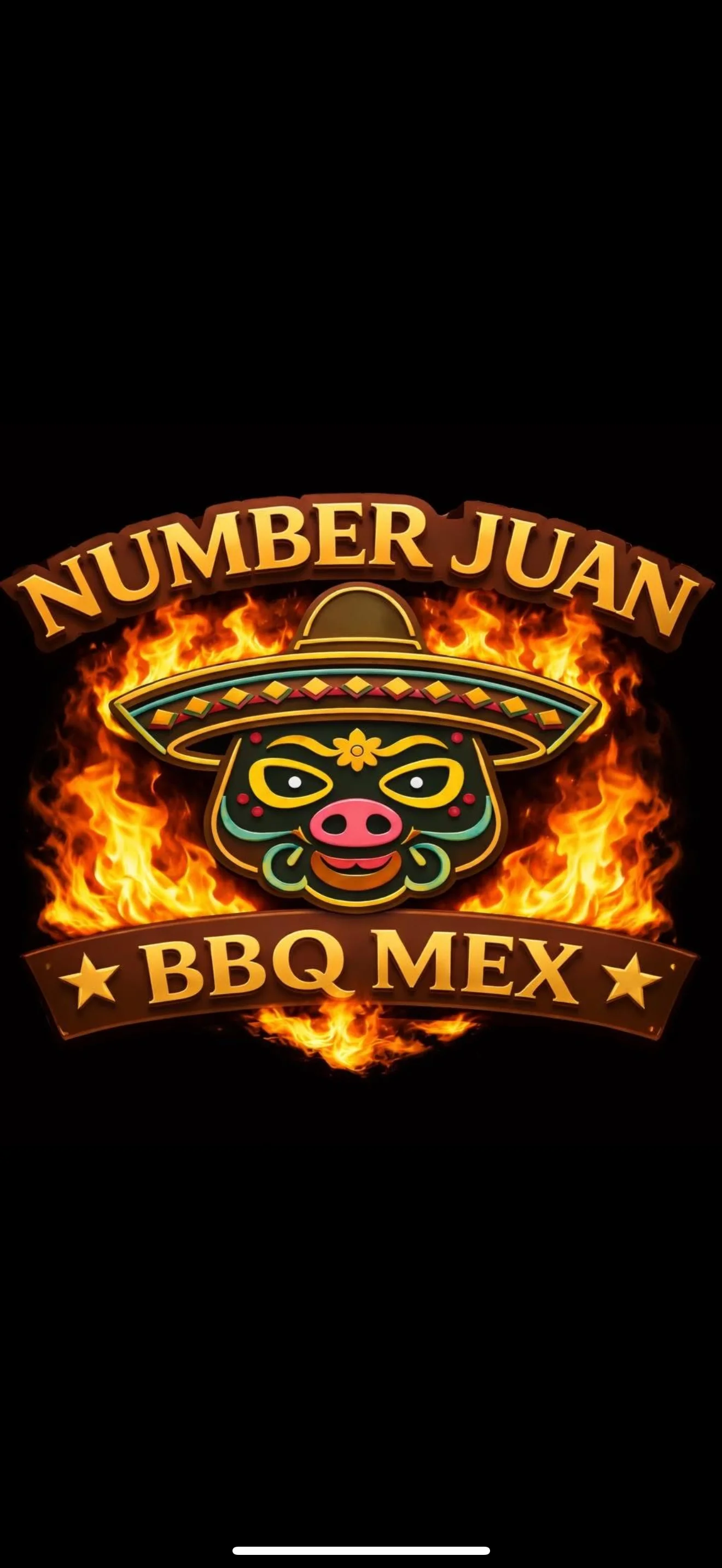 Colorful logo for Number Juan BBQ Mex featuring a pig and sombrero