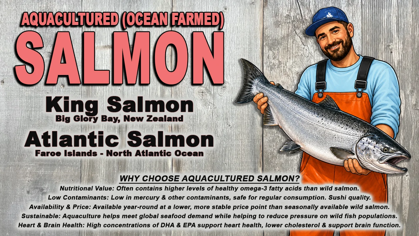 Aquacultured salmon varieties with nutritional benefits highlighted.