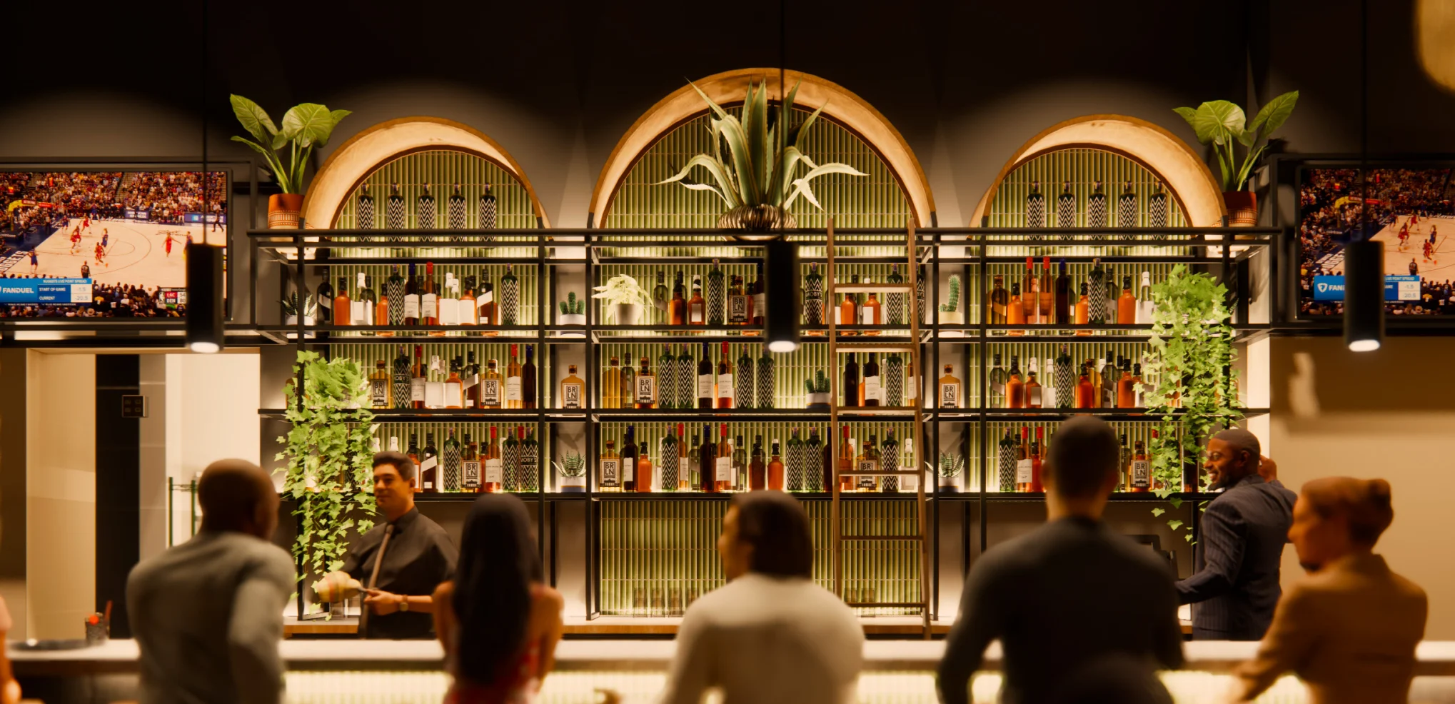 Modern bar interior with stylish decor and a bartender serving drinks