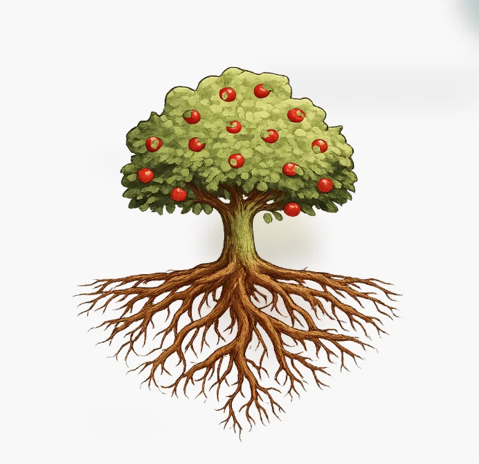 Illustration of a fruit-bearing apple tree with roots