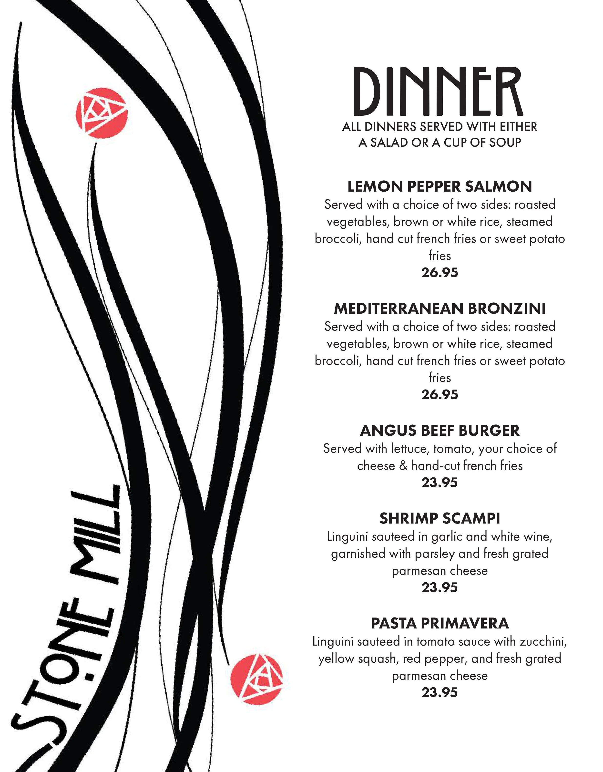 Dinner menu featuring Mediterranean and American dishes