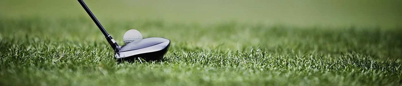 Golf club and ball on lush green grass