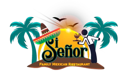Colorful logo of a family Mexican restaurant with palm trees and sunset