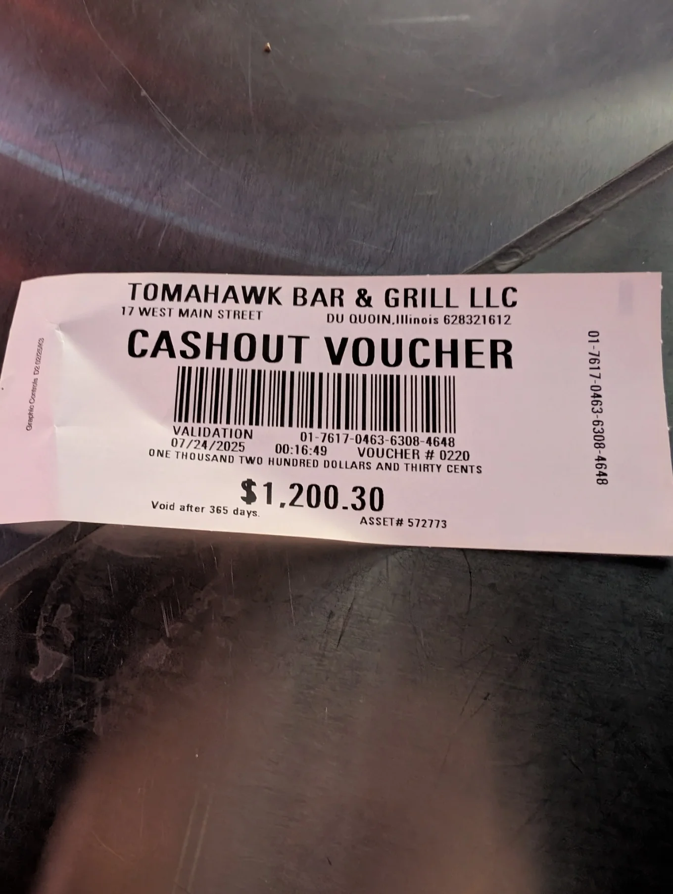 Cashout voucher from Tomahawk Bar & Grill in Du Quoin, Illinois