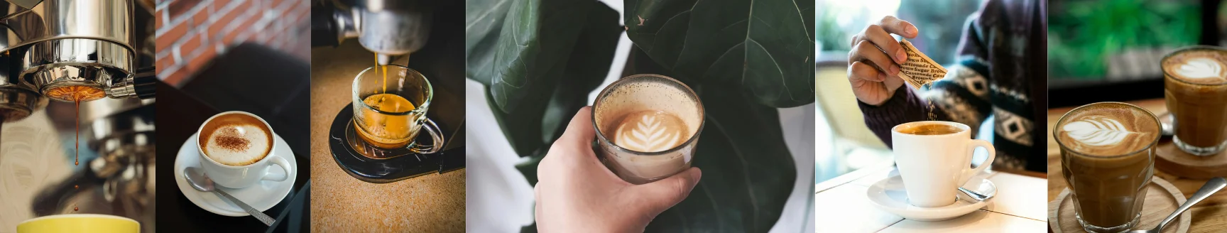 Artisan coffee drinks with latte art and brewing process
