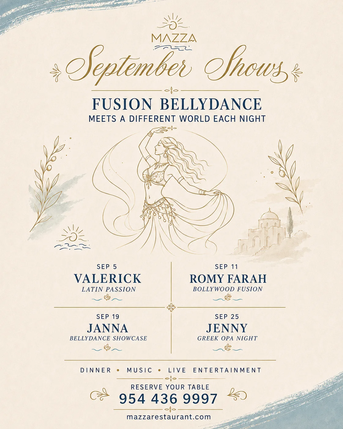 September bellydance show schedule at Mazza restaurant