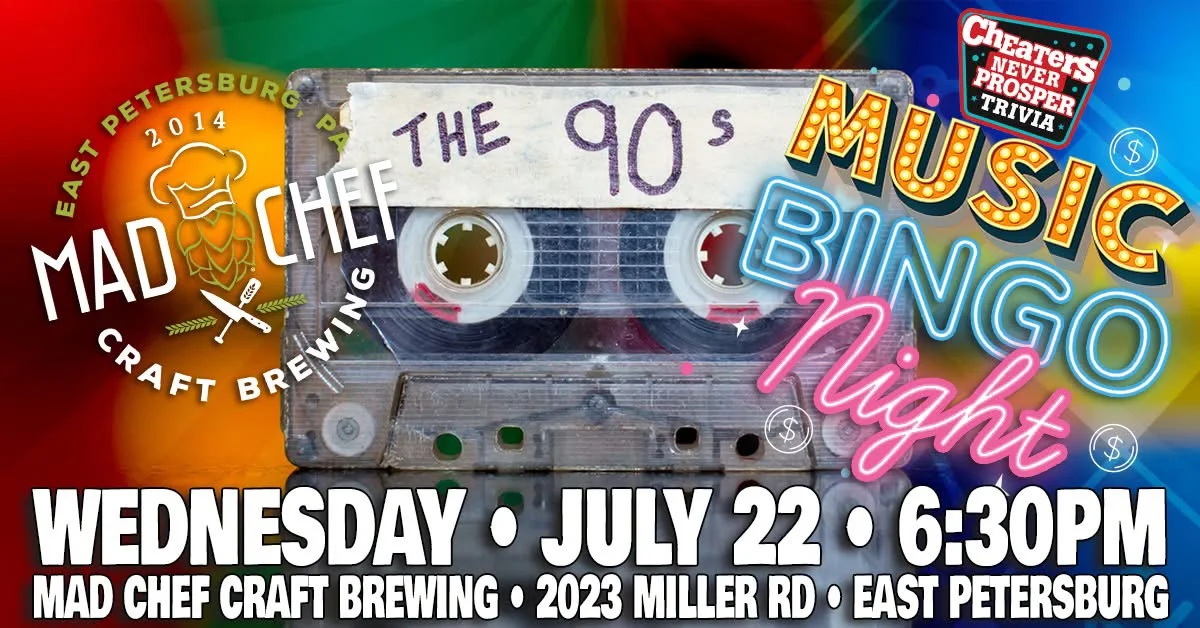 Promotional poster for 90's Music Bingo Night at Mad Chef Brewing