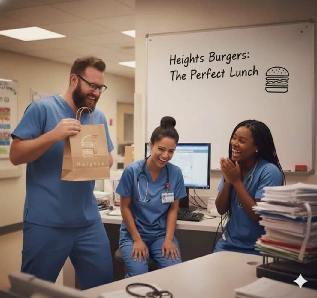 Healthcare professionals enjoying Heights Burgers during lunch break