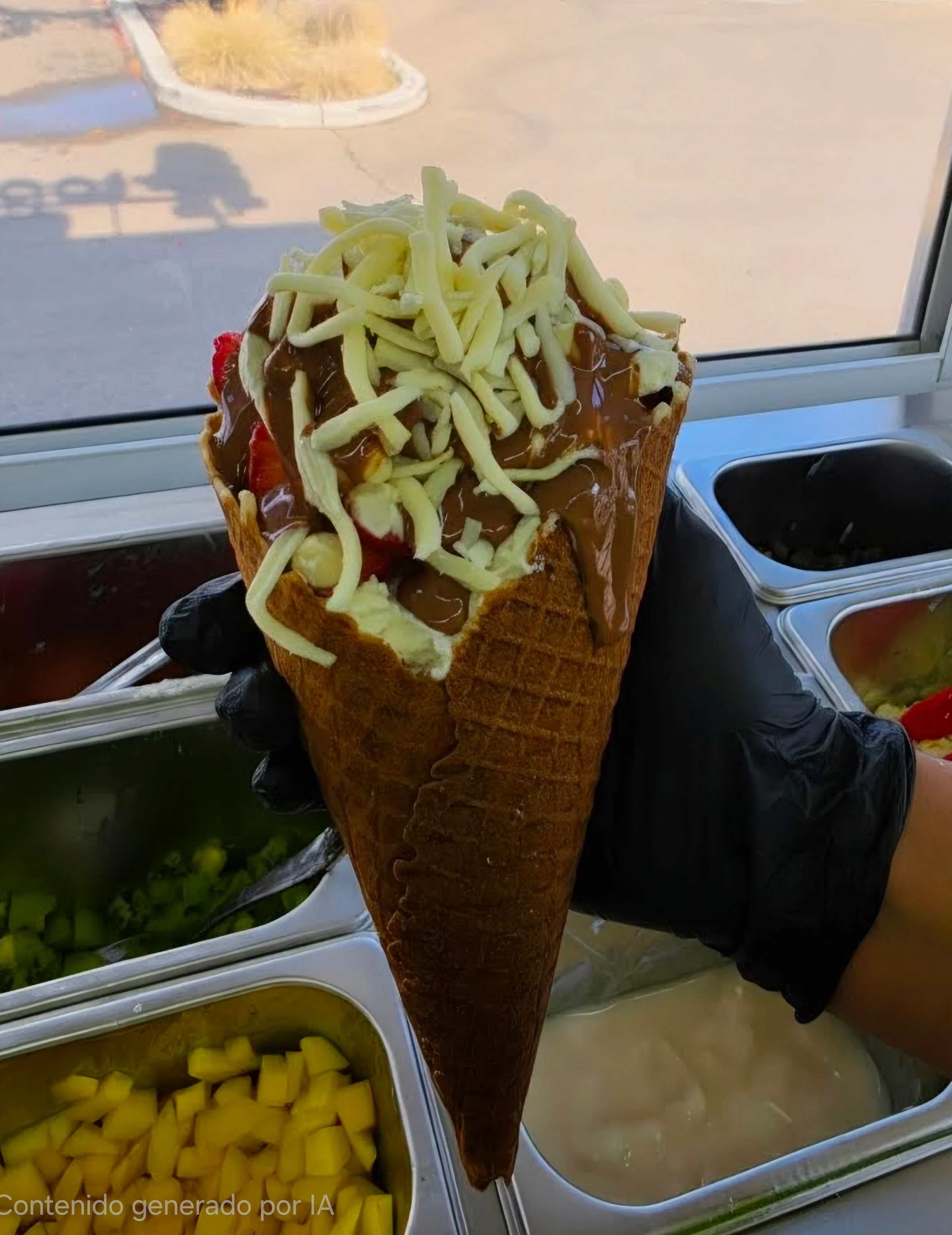Delicious ice cream cone topped with chocolate and cheese