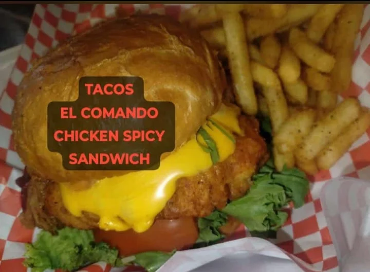 Spicy chicken sandwich with cheese and fries