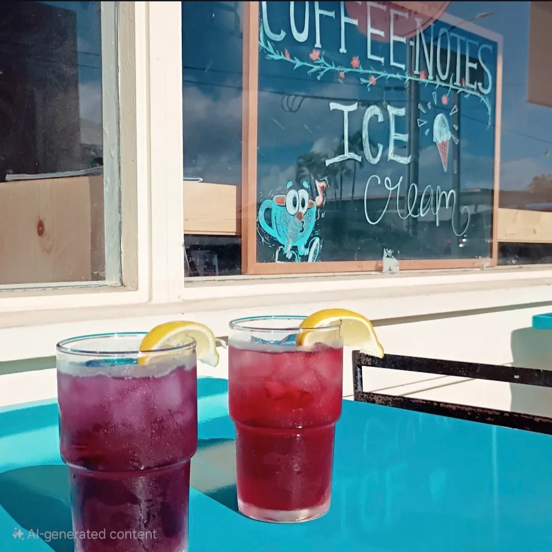 Refreshing iced beverages with lemon slices on a sunny table
